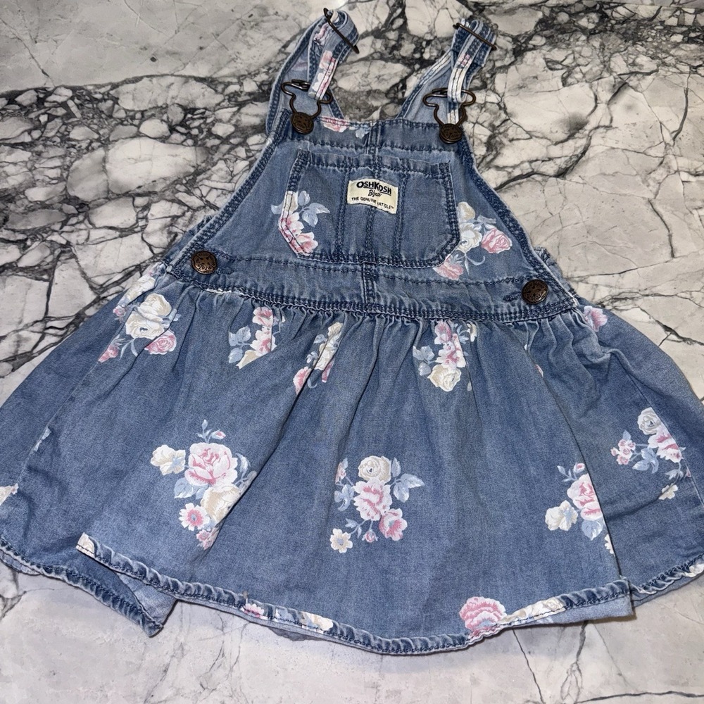 Oshkosh Toddler Girls 2T Floral Chambray Jumper Overall Dress